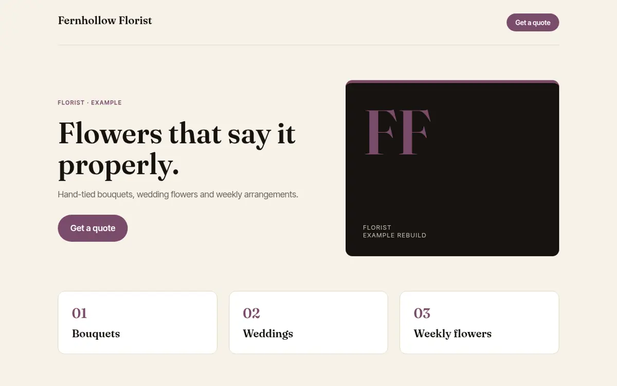 Example homepage for a fictional florist, Fernhollow Florist