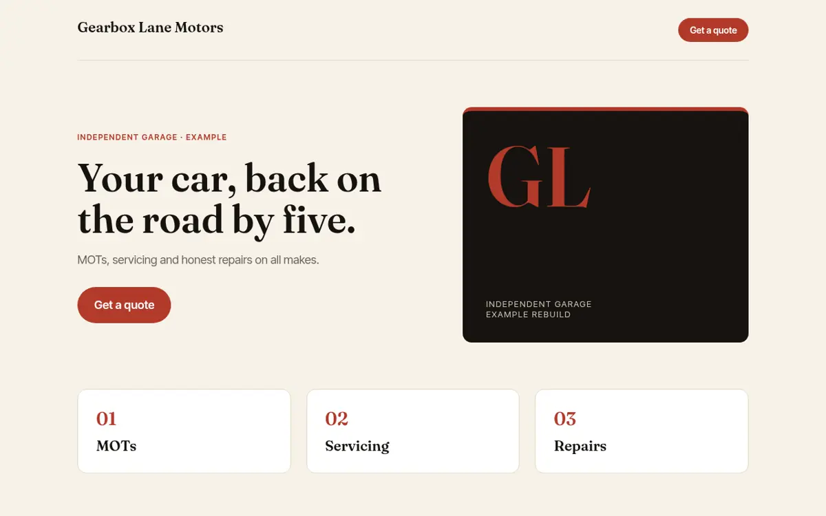 Example homepage for a fictional garage, Gearbox Lane Motors