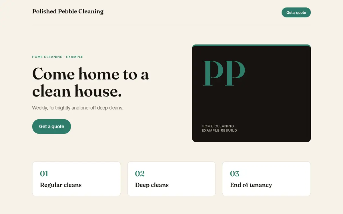Example homepage for a fictional cleaner, Polished Pebble Cleaning