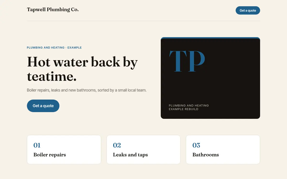 Example homepage for a fictional plumber, Tapwell Plumbing Co.